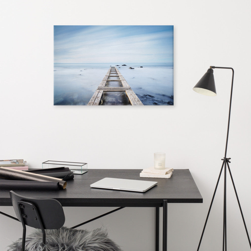 Moody Ocean and Sky Wooden Pier Landscape Photo Canvas Wall Art Prints, 24" X 36"
