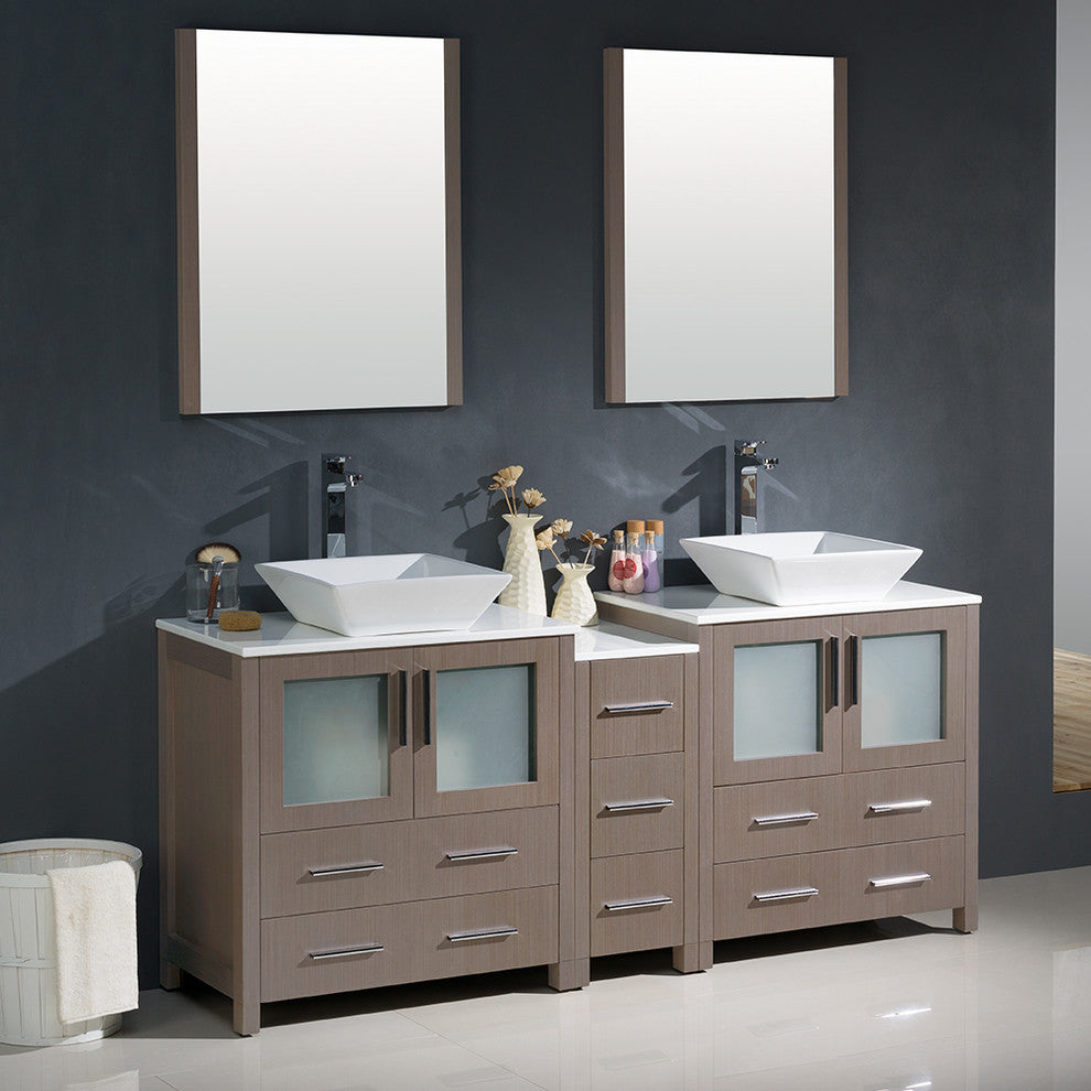 Torino 72" Gray Oak Modern Double Sink Bathroom Vanity, Faucet FFT9162CH