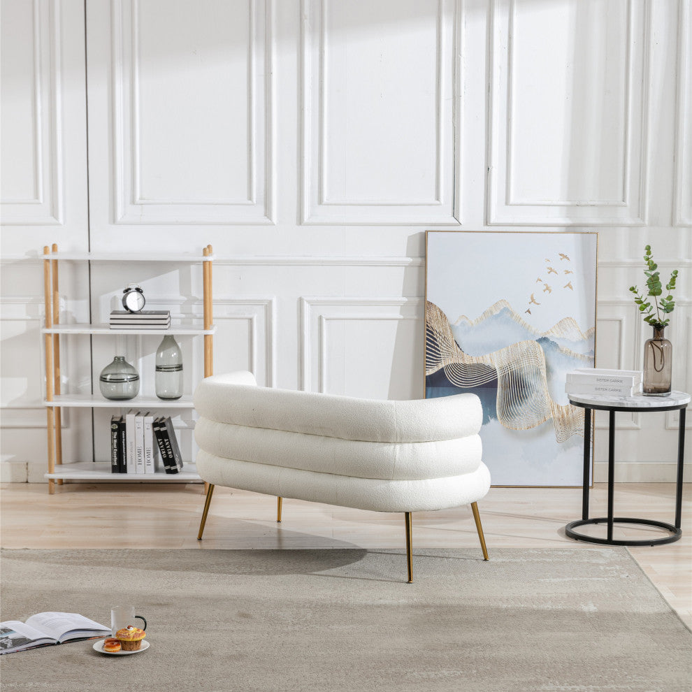 53" Round Arm Settee with Metal Legs, White, 53"