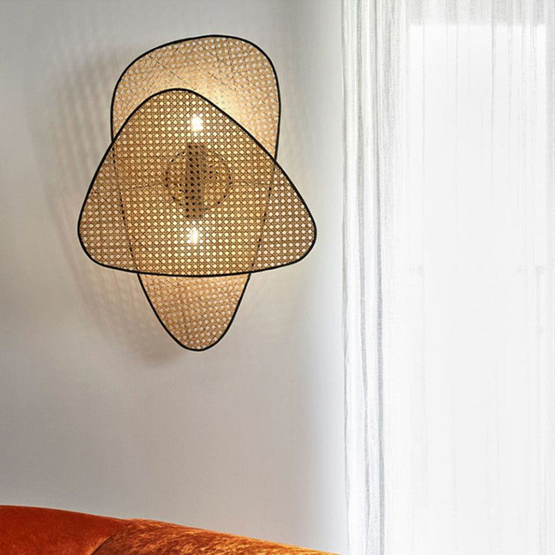 French Designer Wall Lamp with Hand Made Rattan Wicker for Bedroom, Double Head, Warm Light