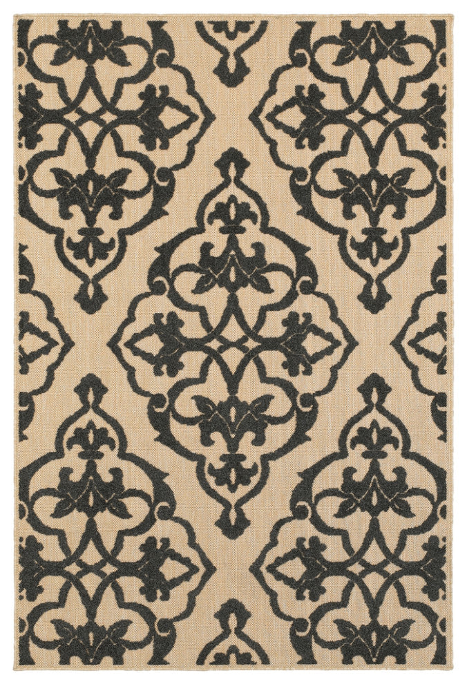 5' x 8' Beige and Black Medallion Stain Resistant Indoor Outdoor Area Rug