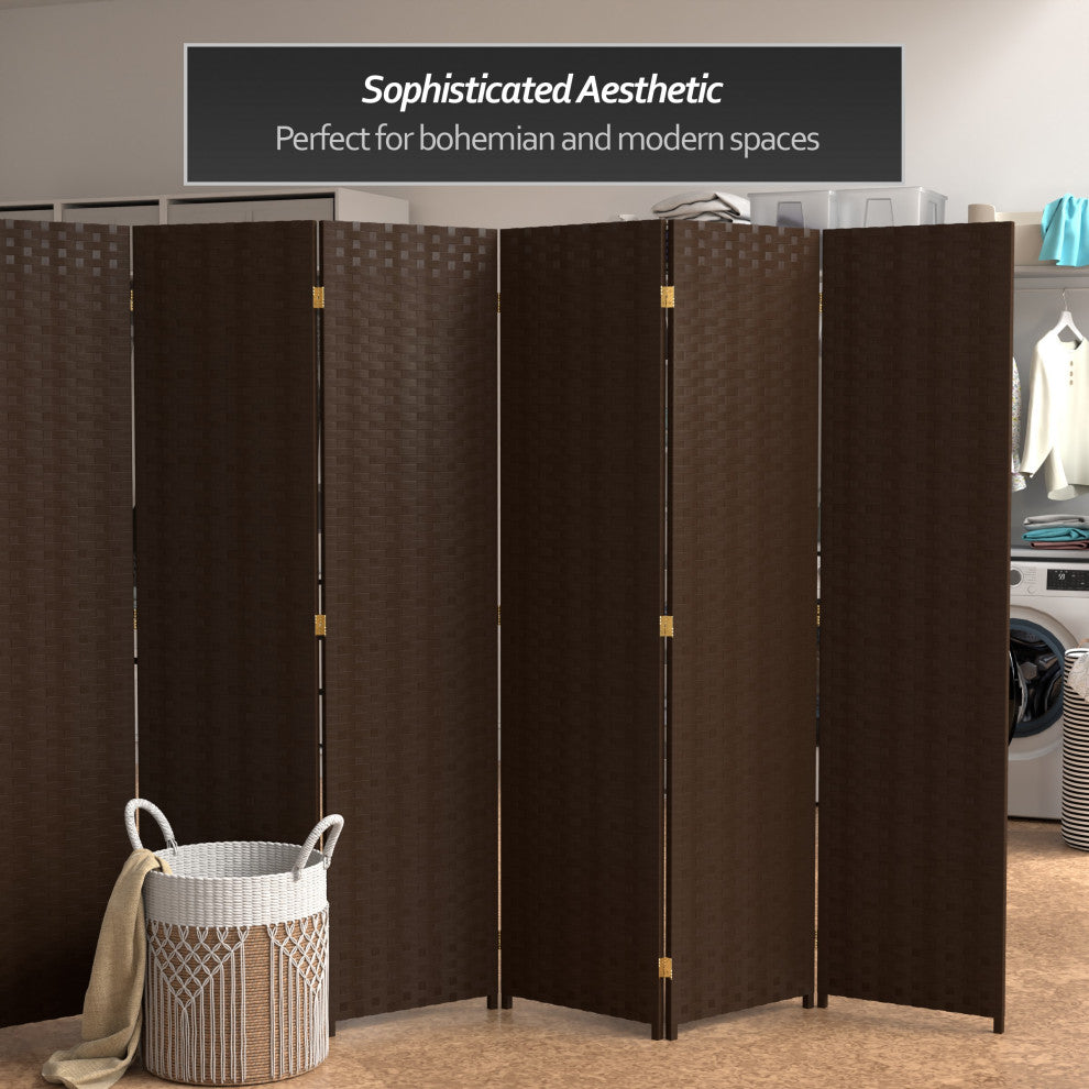 6' Tall Woven Fiber Room Divider, 8 Panel, Dark Mocha