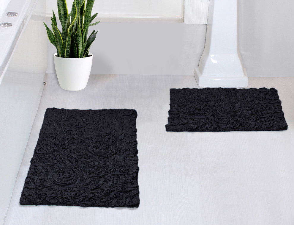 Bell Flower Collection Tufted Bath Rugs, 2 Piece Set, Black