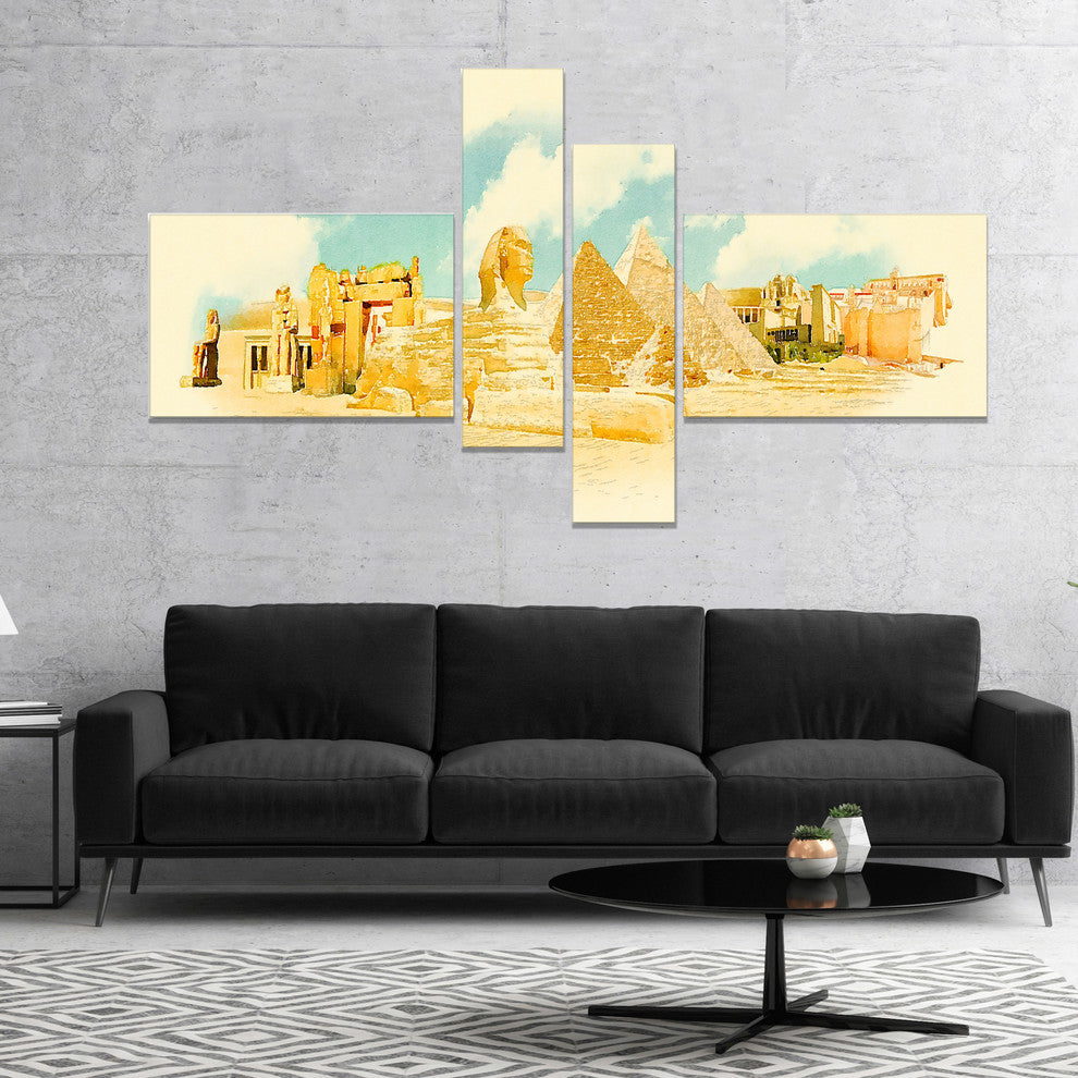 Cairo Panoramic View, Cityscape Watercolor Canvas Print, 60"x32", 4 panels