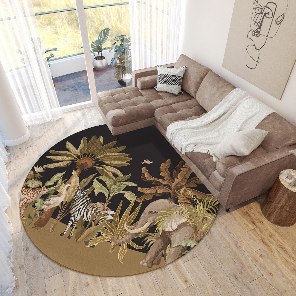 Indoor/Outdoor Tropics TC8 Black Machine Washable 8' x 8' Round Rug