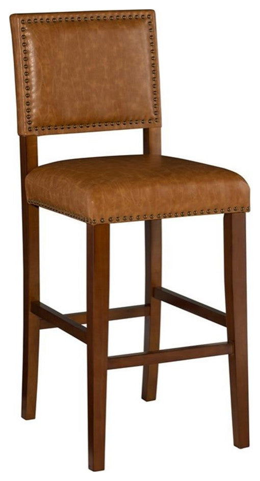 Linon Brook 30" Wood Bar Stool Caramel Faux Leather Nailhead Trim in Walnut