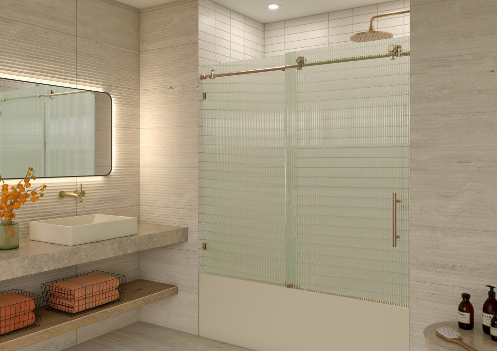 Galaxy 60"x60" Frameless Glass Sliding Bathtub Doors, Brushed Bronze, Right