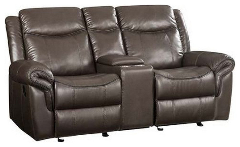 Benzara BM269004 Leather Motion Loveseat With USB Dock/Storage Console, Brown