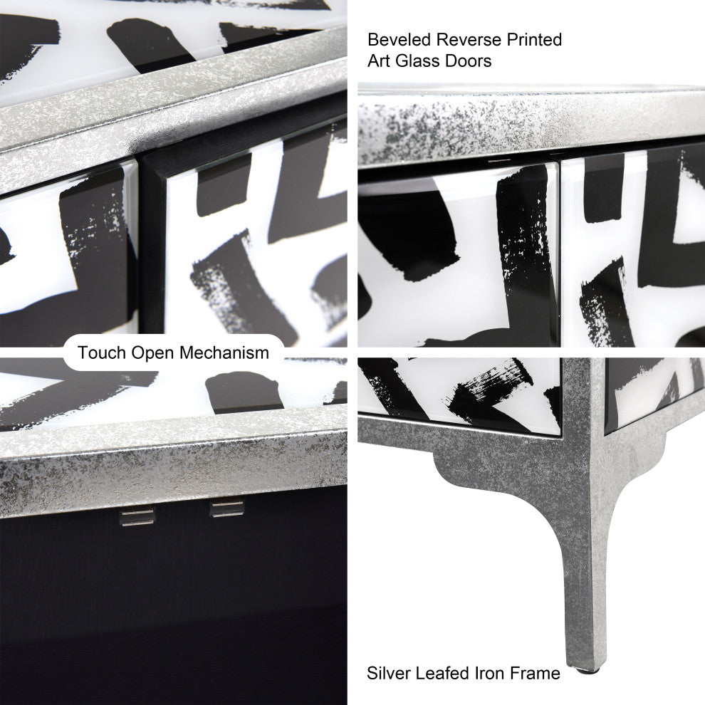 "Intertwined" Cabinets Console Table on Beveled Printed Art Glass, Frame