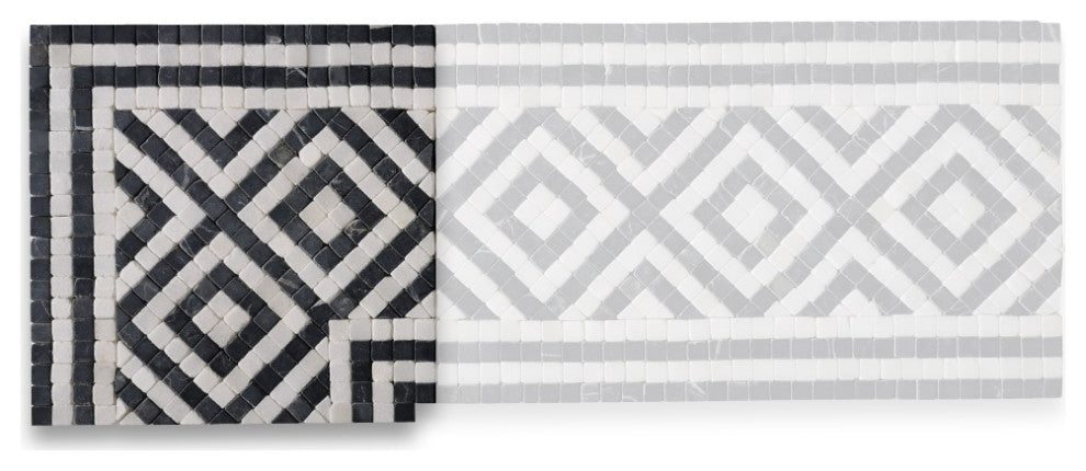 Guitam Black White 7.1x7.1 Marble Mosaic Border Corner Tile Tumbled, 1 piece