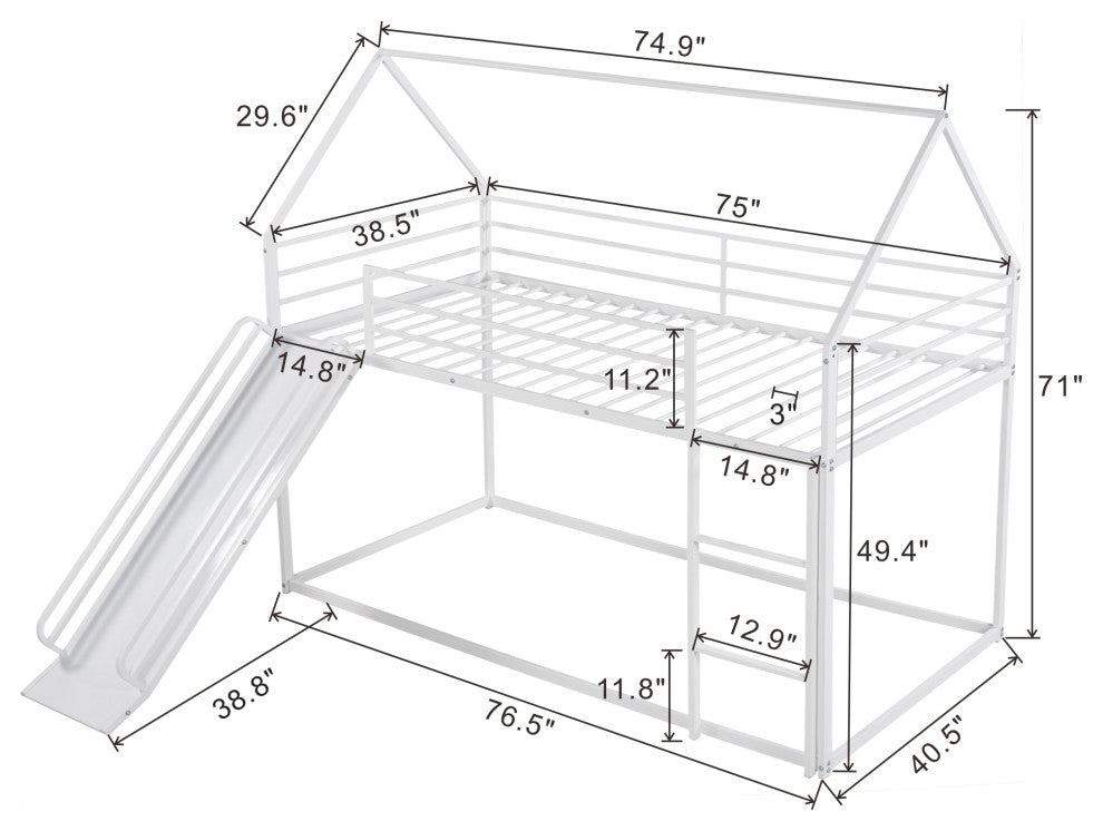 Gewnee Metal Twin Over Twin Bunk Bed House Bed with Slide in White