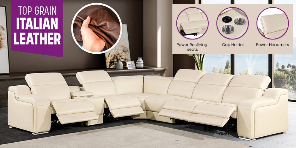 Marco-7-Piece, 4-Power Reclining Italian Leather Sectional, Dark Gray