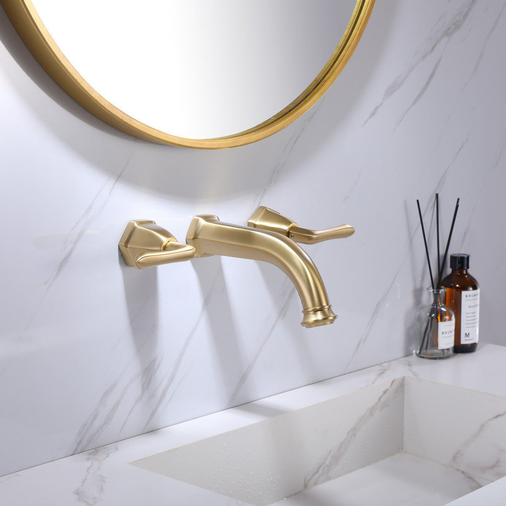 2-Handle Newly Trendy Wall Mounted Bathroom Faucet, Brushed Gold