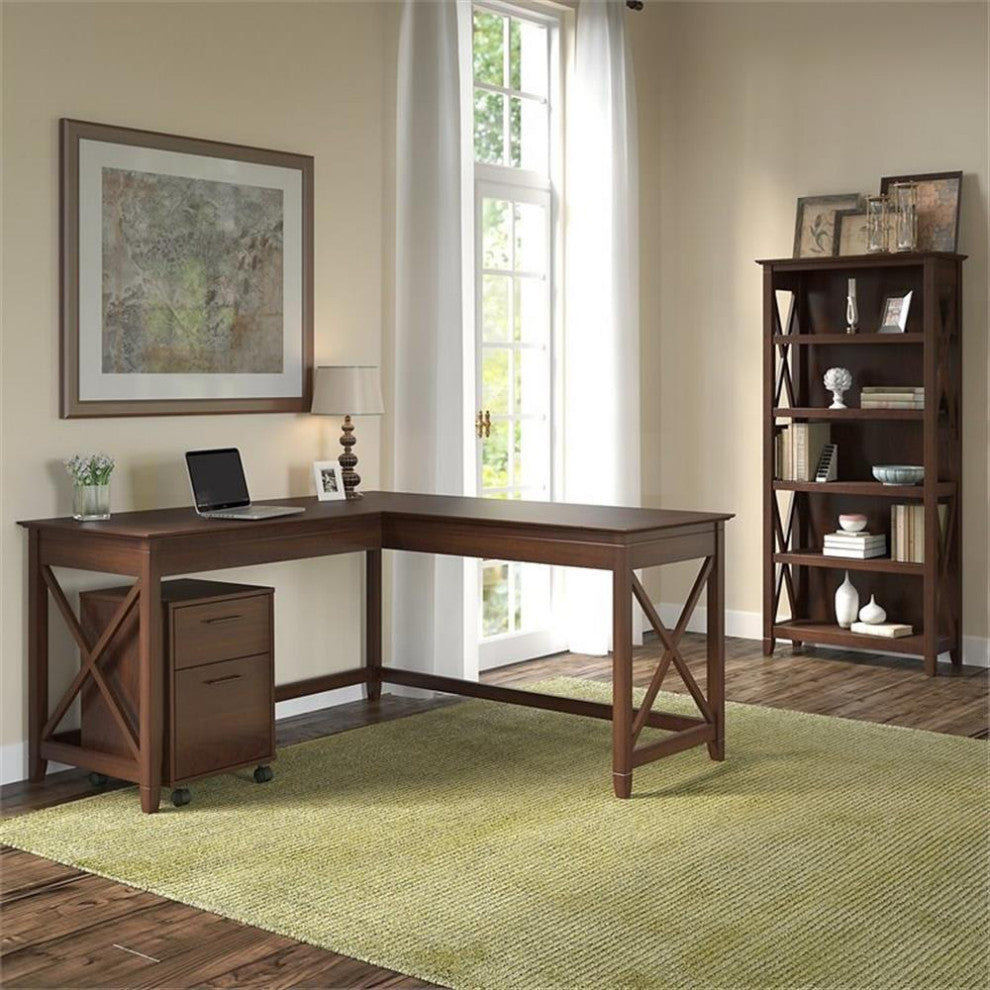 Bush Furniture Key West 60W L Shaped Desk with Mobile File Cabinet & Bookcase