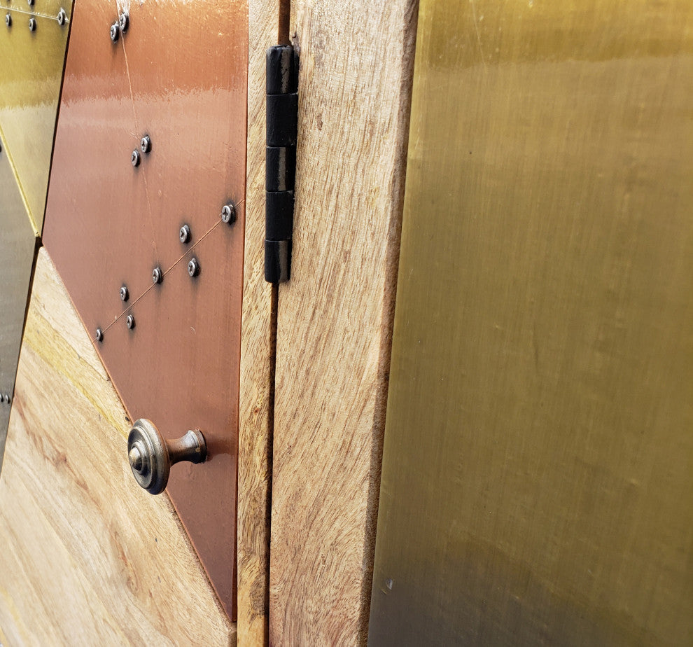 Close-up detail of hinge and rivets on door