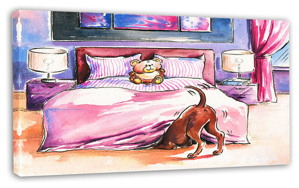Brown Dog in Bedroom, Animal Canvas Art Print, 32"x16"