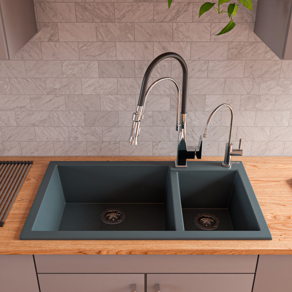 Titanium 34" Double Bowl Drop In Granite Composite Kitchen Sink