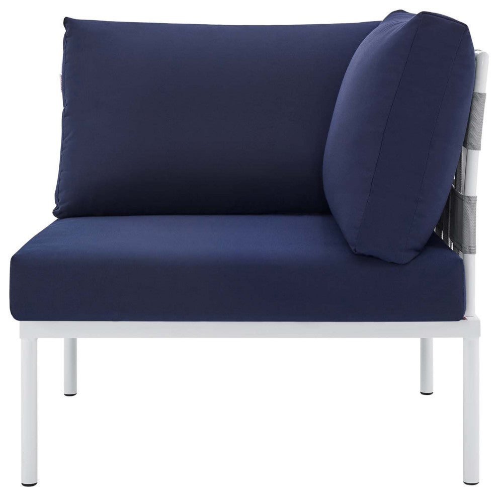 Sectional Sofa Chair Table Set, Sunbrella, Aluminum, Gray Blue Navy, Outdoor