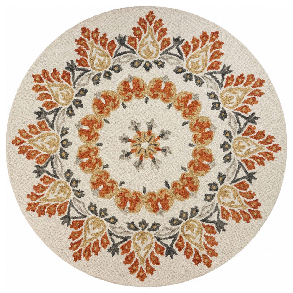6" Round Orange Boho Medallion Area Rug