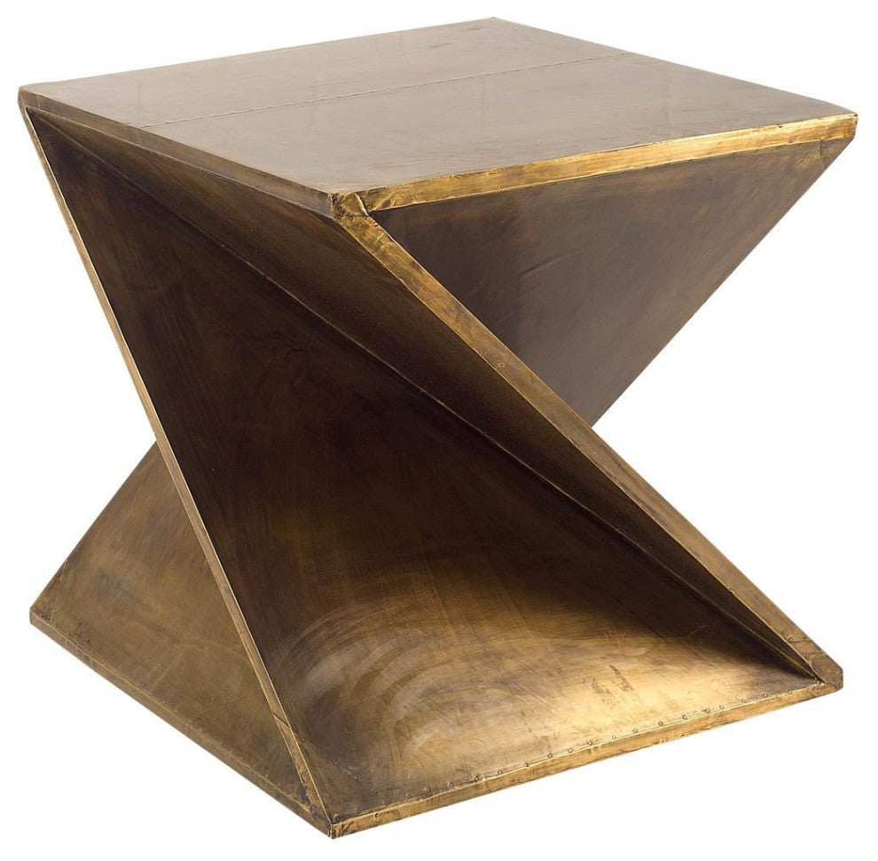 21" Brass Clad Distressed Wood Abstract End Table