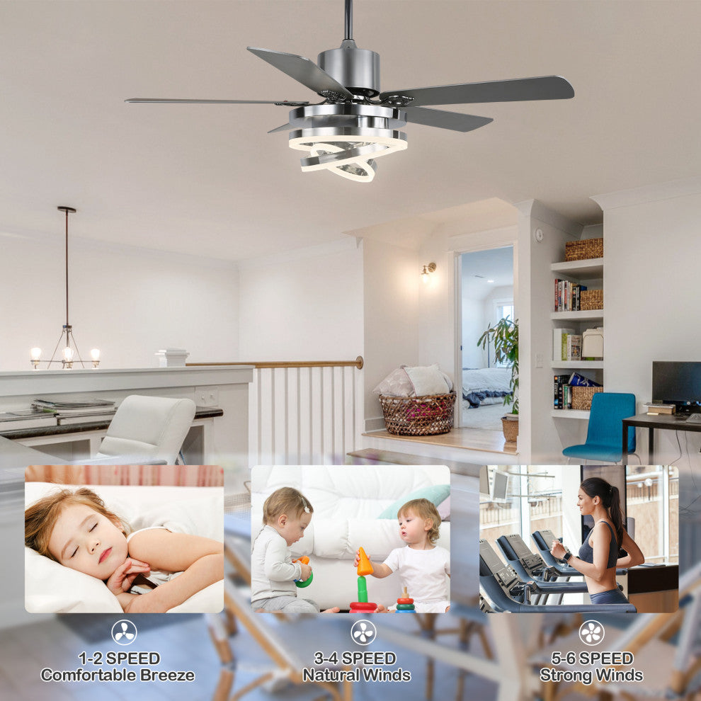 52" Ceiling Fan with Adjustable LED Light Kit, 3 Color Tone 6 Fan Speed, Chrome