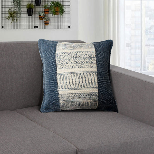 Benzara BM200551 18 x 18 HandWoven Cotton Pillow with Block Print White and Blue