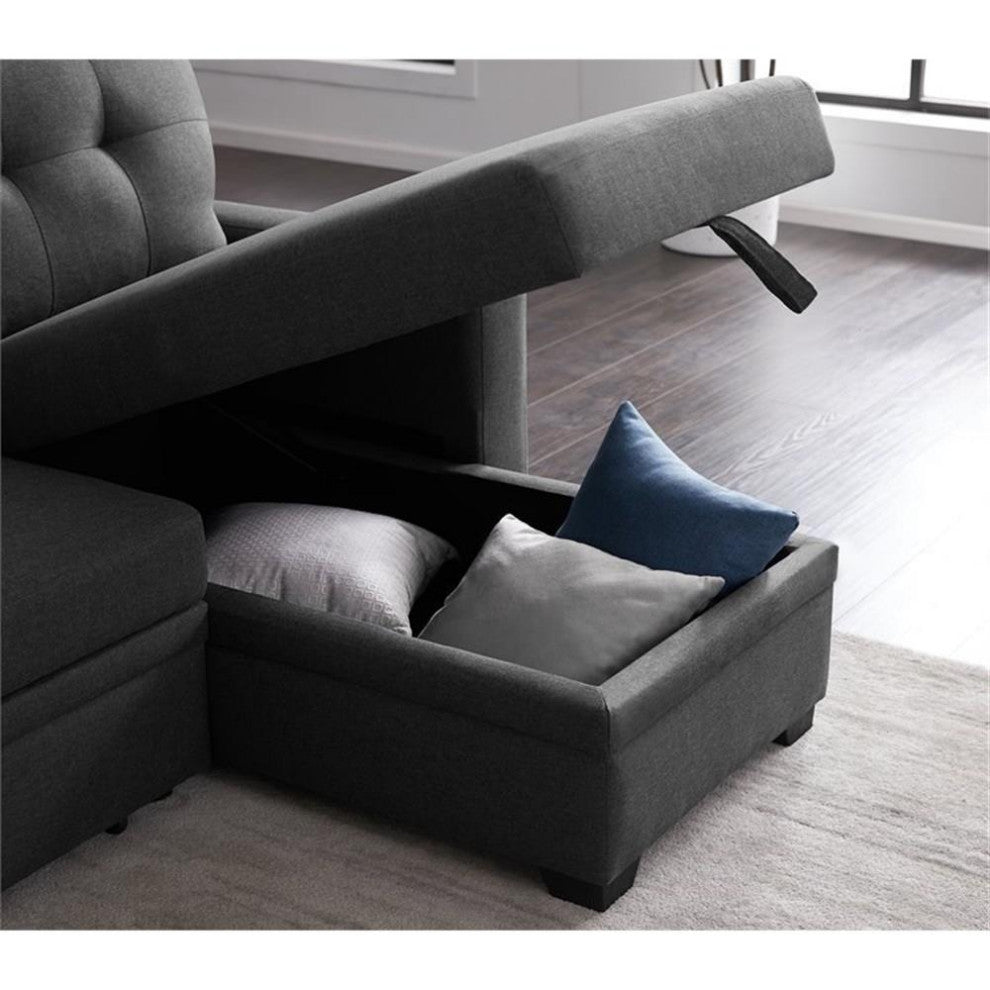 Pemberly Row Transitional Fabric Reversible Sleeper Sectional Sofa in Dark Gray