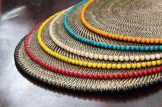 Round, Rattan Placemat with Black Beads, Orange Beads
