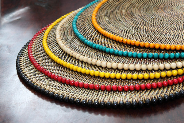 Round, Rattan Placemat with Black Beads, Orange Beads