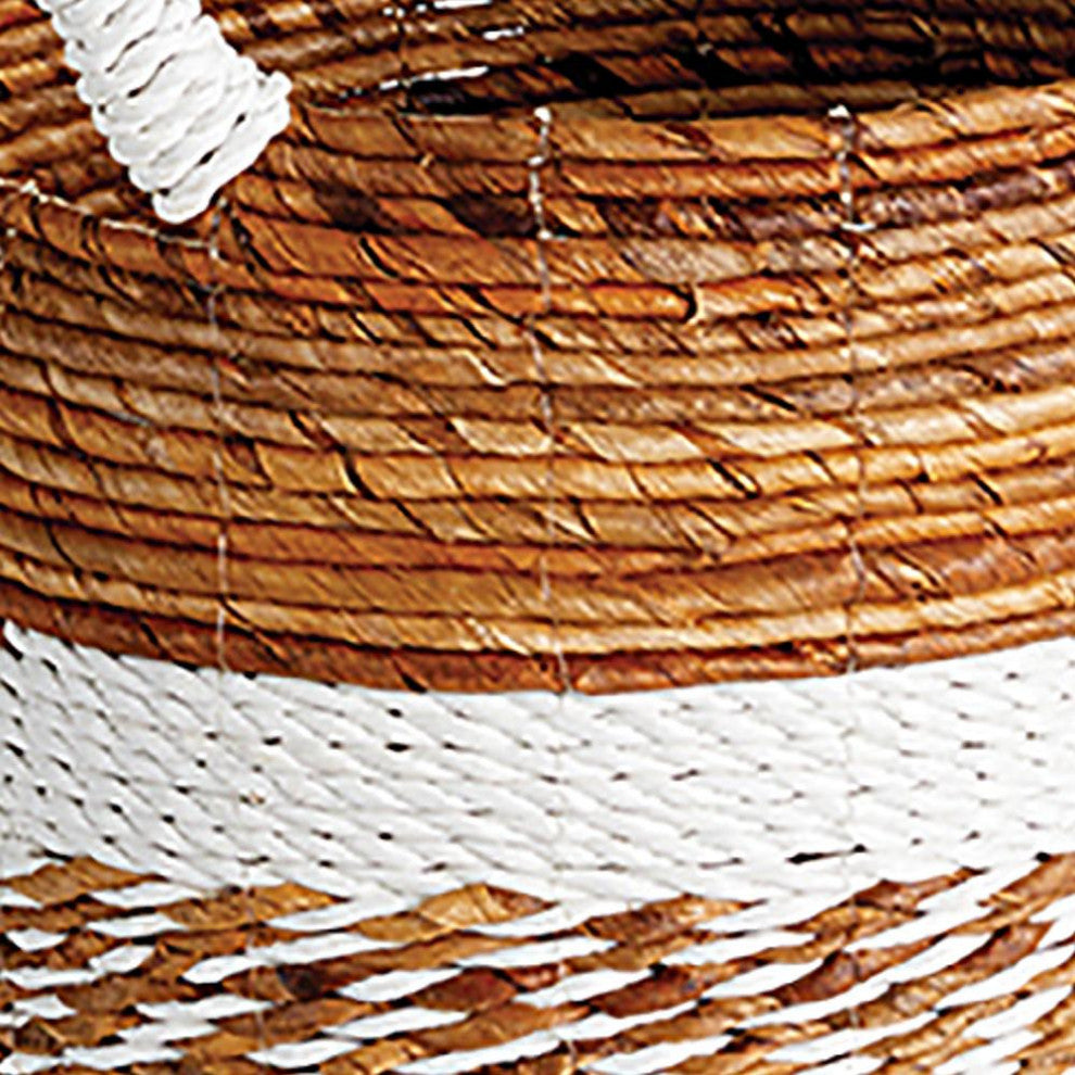 Set 3 Coastal Casual Natural Raffia Round White Stripe Tote Baskets Handle Large