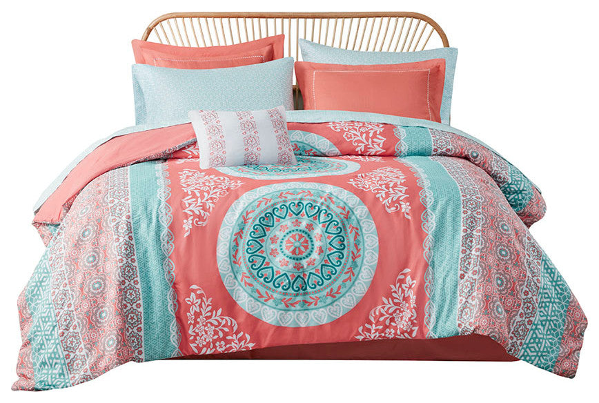 Intelligent Design Loretta Boho Comforter Set With Bed Sheets, Coral