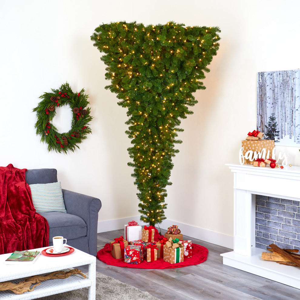 8' Sun Valley Spruce Upside Down Faux Xmas Tree W/ Lights & Bendable Branches