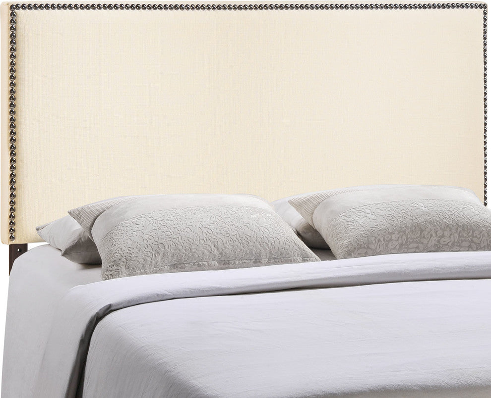 Modern Contemporary King Size Nailhead Upholstered Headboard, Ivory Fabric