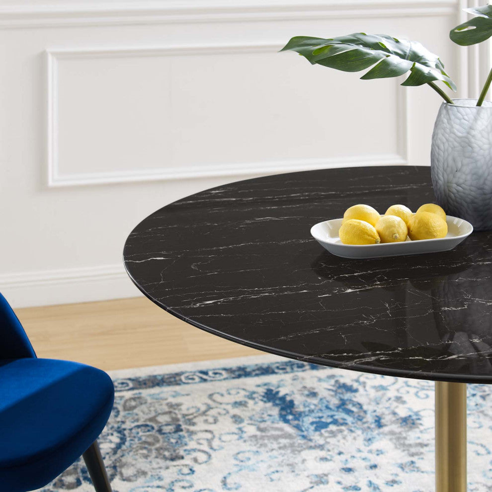 Dining Table, Round, Artificial Marble, Metal, Gold Black, Modern, Cafe Bistro