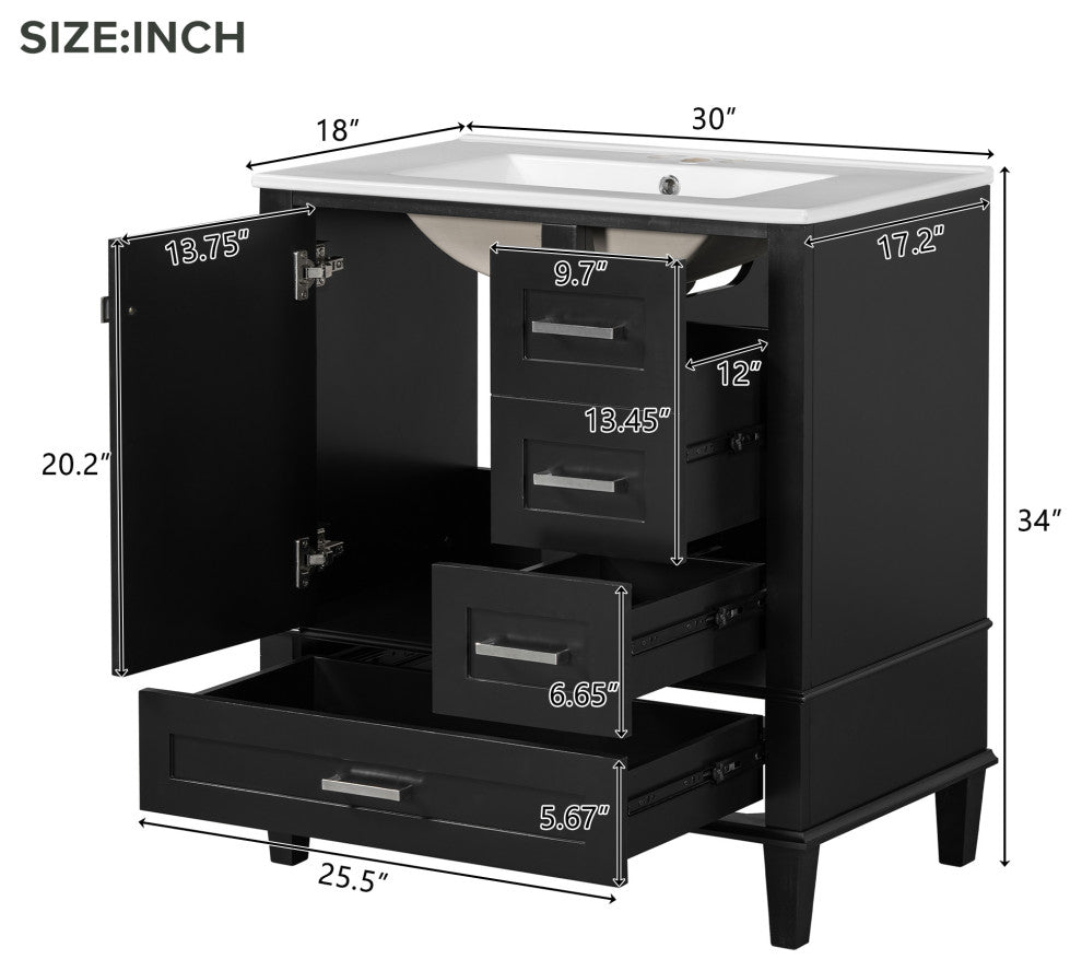 30" Freestanding Bath Vanity Set, Integrated Ceramic Sink, Black, 30 Inches