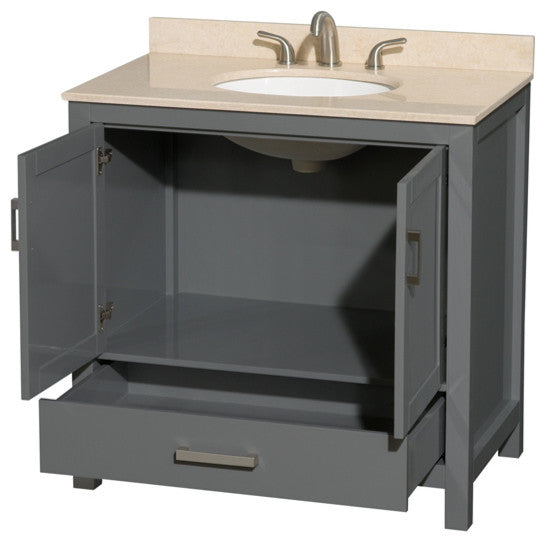 Sheffield 36" Dark Gray Single Vanity, Ivory Marble Top, Um Rd Sink, No