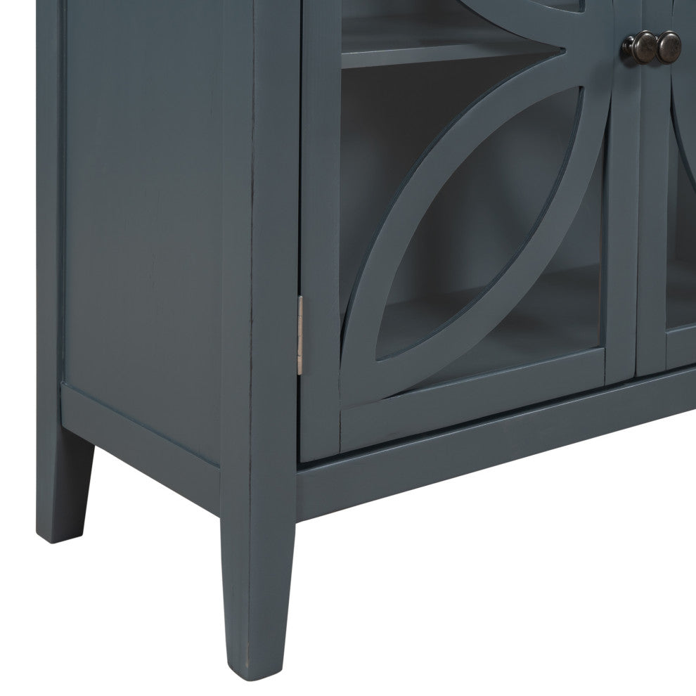 Wood Double Transparent Door Accent Cabinet with Adjustable Shelf, Navy Blue, 32