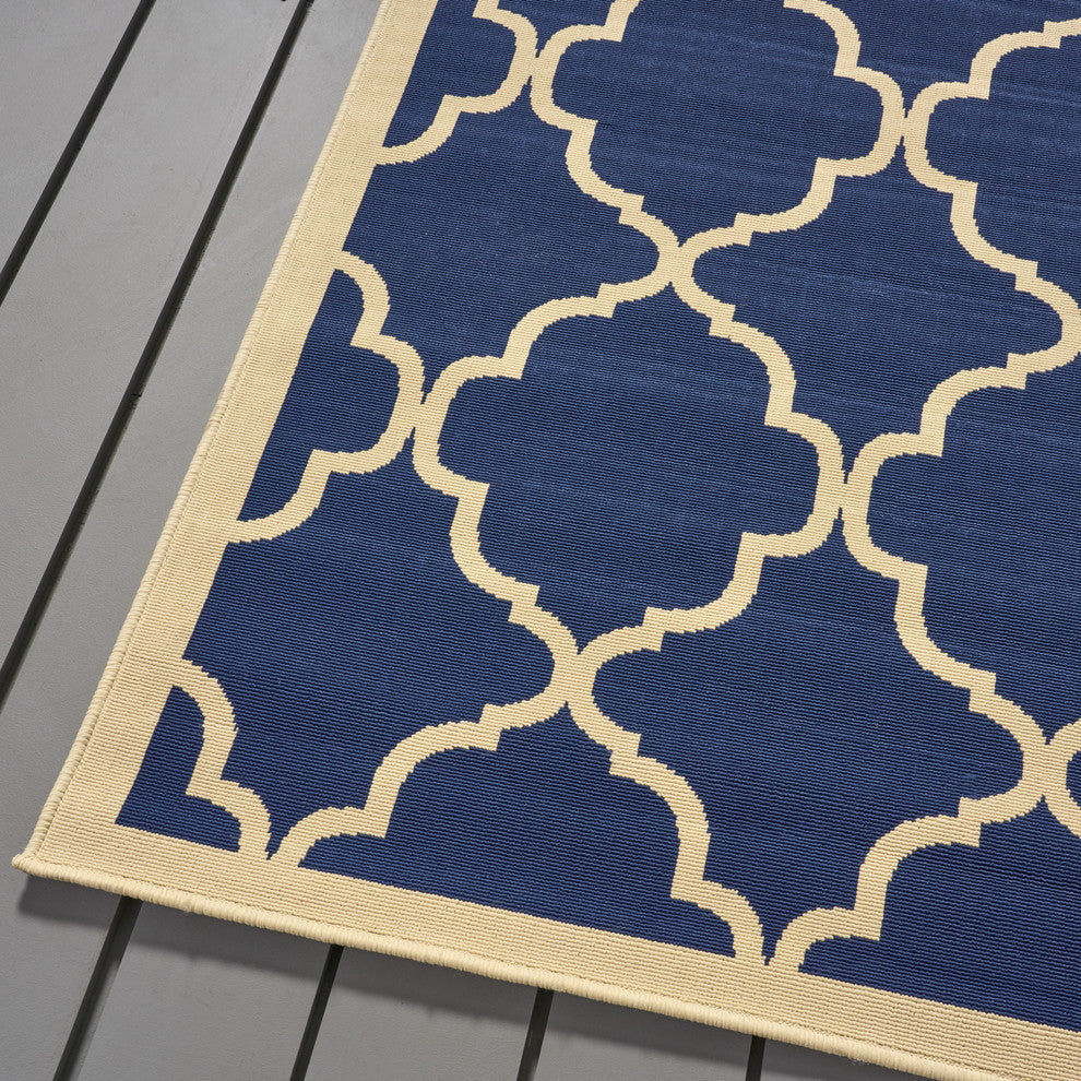 GDF Studio Hazel Outdoor Geometric  Area Rug, Navy and Ivory, 5'x8'