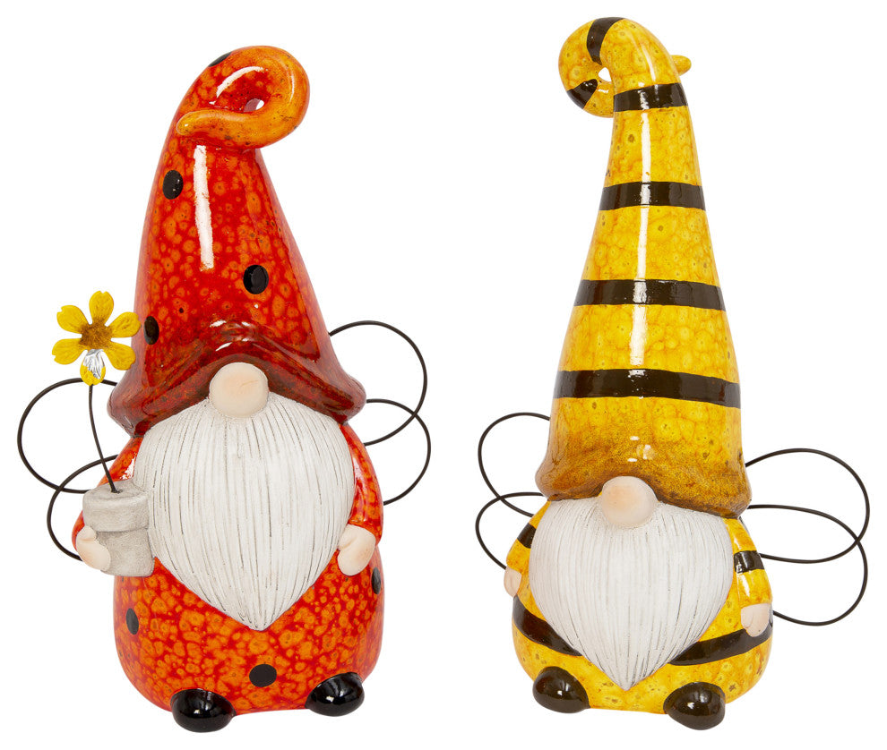 Set of 2, Assorted 9.8" Terracotta Bug and Bee Gnomes