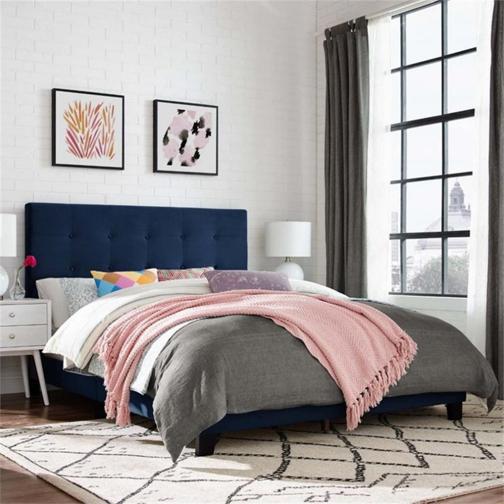 Modway Melanie King Tufted Button Velvet Platform Bed in Midnight Blue