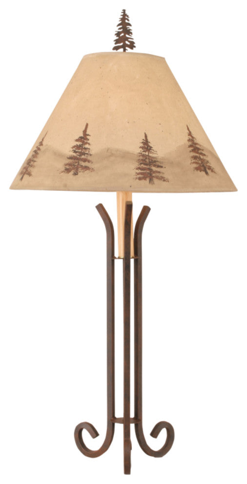 Tall Rust Iron 3-Footed Table Lamp With Pine Tree Shade