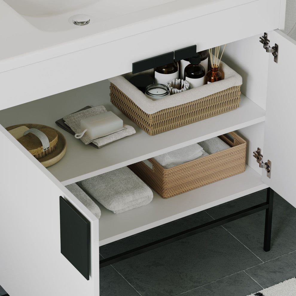 Lockhart Bath Vanity, White, 36", Black Hardware, Single Sink, Freestanding
