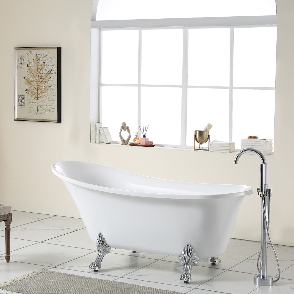 67 in. Acrylic Single Slipper Freestanding Clawfoot Soaking Bathtub in White
