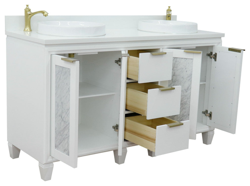 61" Double Sink Vanity, White Finish With Engineered Stone Top And Round Sink
