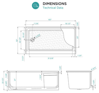 Single Threshold Acrylic Non-Slip Shower Base, Seat 60 x 32, Left Hand Drain