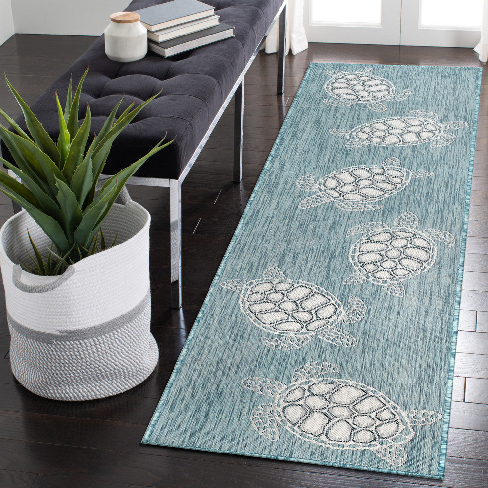 Carmel Seaturtles Indoor/Outdoor Rug, Aqua, 1'11"x7'6" Runner