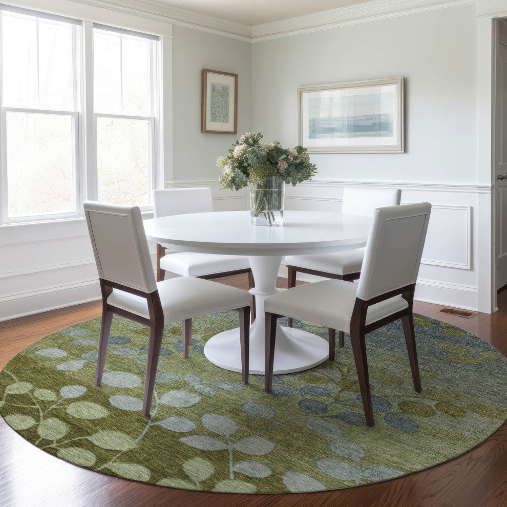 Machine Washable Indoor/Outdoor Chantille ACN1900 Olive 8' x 8' Round Rug