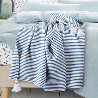 Ivory Striped Throw Blanket with Tassels, Blue/Ivory