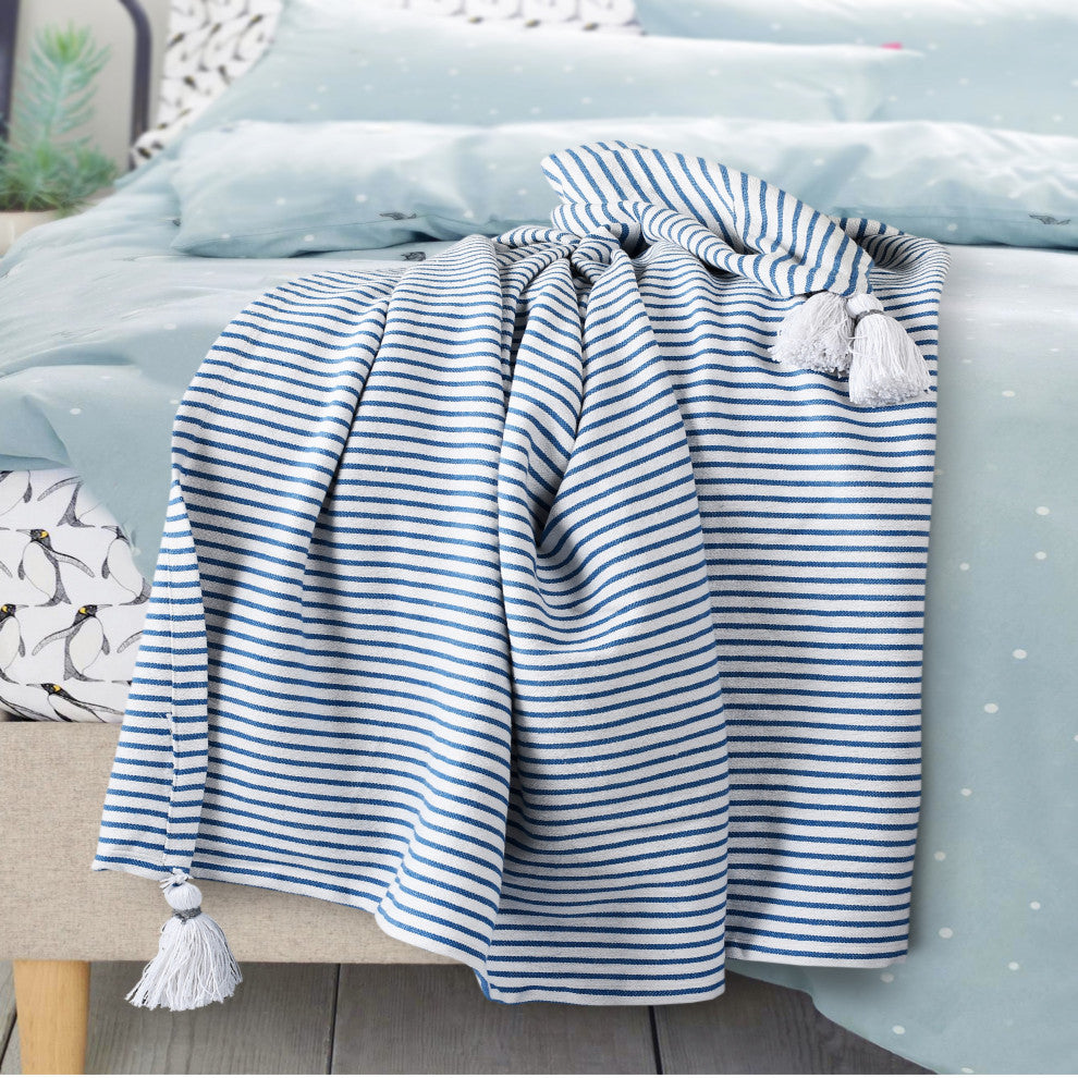 Ivory Striped Throw Blanket with Tassels, Blue/Ivory