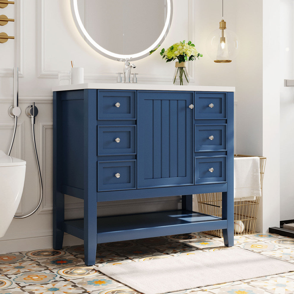 36 Inch Freestanding Bathroom Vanity Set in Blue with Drawers and Ceramic Sink, Blue